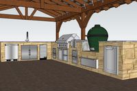 3D conceptual design of an outdoor kitchen with a wooden pergola, featuring a stone countertop, ceramic grill, and stainless-steel appliances.