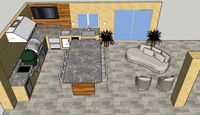 Computer-generated design showcasing an outdoor dining area with a stone island, ceramic grill, and lounge furniture under an open-beam roof.