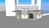 Computer-generated image of a compact outdoor kitchen setup against a wall, complete with a built-in grill, sink, and storage spaces.
