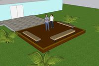 3D design of a wooden deck area featuring integrated benches, with two people standing and discussing the construction plan amidst tropical foliage.