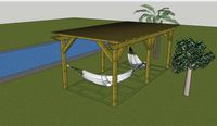 Sketch of a relaxing outdoor area with a pergola-covered hammock by a blue pool, providing a conceptual landscape design.