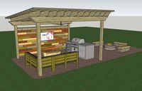 3D design of a modern outdoor pavilion with BBQ and bar seating area in Brevard County, integrated with a stone fire pit and casual lounge spaces.