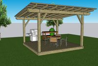 3D design of a spacious pergola covering a composite deck with outdoor grill and dining set in Palm Bay, perfect for backyard entertaining.