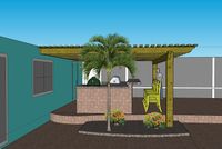 3D visualization of an inviting outdoor bar area under a pergola, complete with bar stools and a ceramic grill for entertainment.