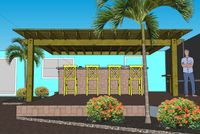 Digital rendering of a spacious outdoor kitchen pavilion with bar seating and a lush tropical backdrop, ideal for gatherings.