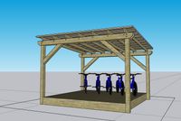 Conceptual design showing a protective covering for bicycles, with a pergola structure and a series of blue bikes parked underneath.