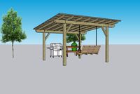 Artist's rendering of a wooden pergola over an outdoor grill and swing bench, creating a perfect spot for backyard leisure.