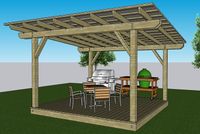 3D design of an alternate view of a Palm Bay pergola with outdoor kitchen amenities including a grill and green ceramic smoker on a composite deck.