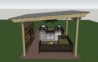 3D design of an elevated outdoor kitchen pavilion with built-in appliances, wood and stone accents, and a ceiling fan in Brevard County.