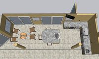 3D design of an overhead view of a deluxe outdoor kitchen layout with a large dining table, extensive counter space, and high-end appliances in Brevard County.