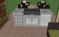 3D design of a close-up of an outdoor kitchen grill station with drawers and countertop space, adjacent to a fire pit and cozy seating area in Palm Bay.