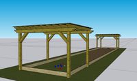 Illustration of a custom pergola entranceway with elegant column supports and a detailed lattice roof, leading to a traditional arched gate.