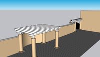 Render of an extended outdoor pergola with slatted roof design, creating a serene and shaded walkway in a garden setting.