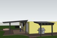Design mock-up of a covered outdoor cooking area with a sleek pergola, featuring a built-in barbecue grill and a minimalist seating zone.