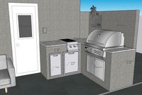 Detailed design of a small outdoor grilling station with a dual burner, storage access doors, and a clean, modern look.