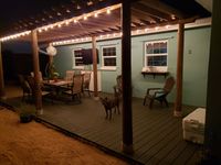 Cozy nighttime setting on a composite deck with string lights over a pergola, featuring an outdoor dining area and a welcoming dog, by Palm Bay deck builders.