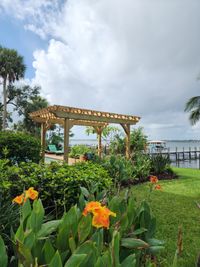 Wooden pergola overlooking a lush garden and waterfront, offering a picturesque outdoor retreat in a Brevard County, FL residence.